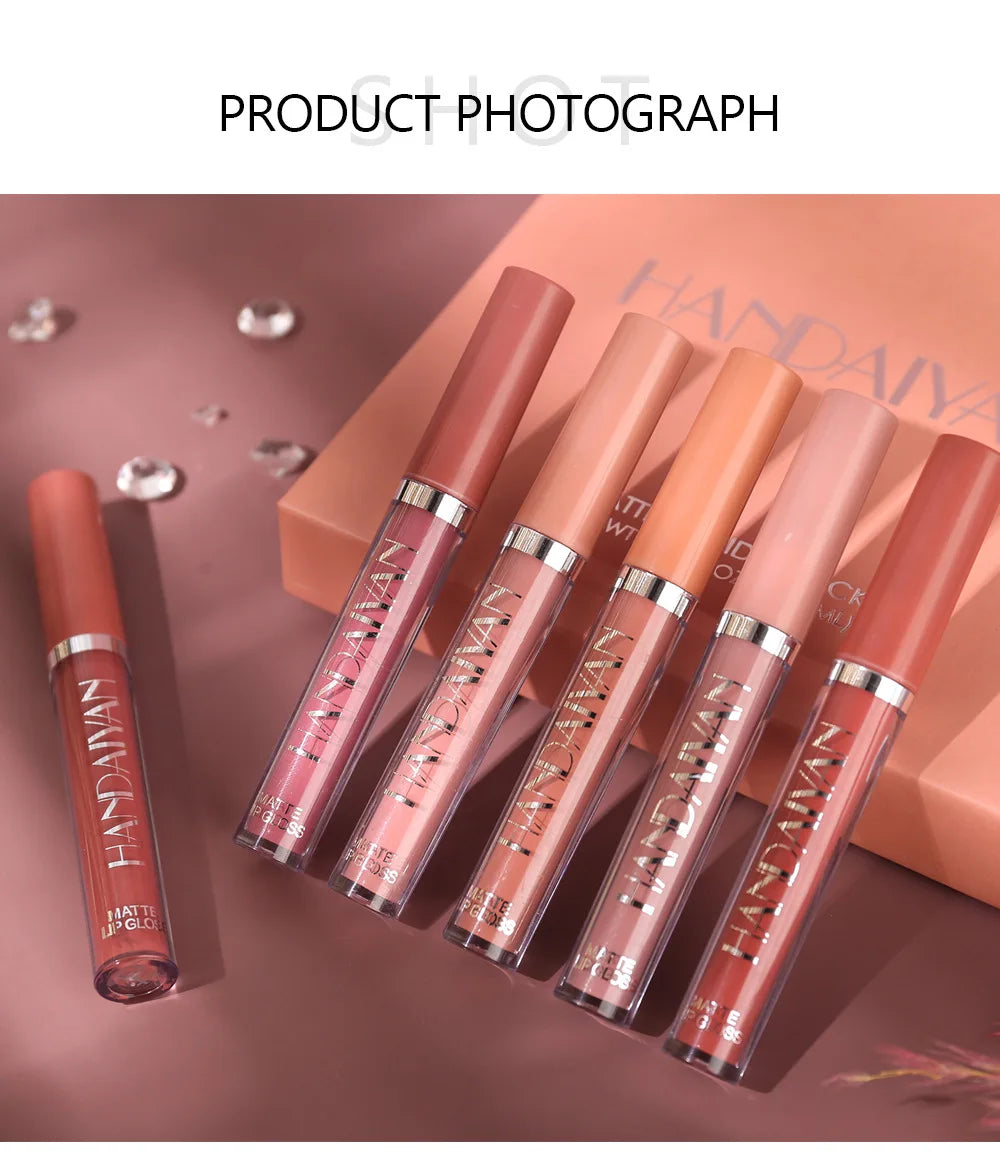 HANDAIYAN 6 Shade Lipstick Set Matte Finish Liquid Lip Gloss Waterproof Long Lasting No Smudge Vegan Beauty