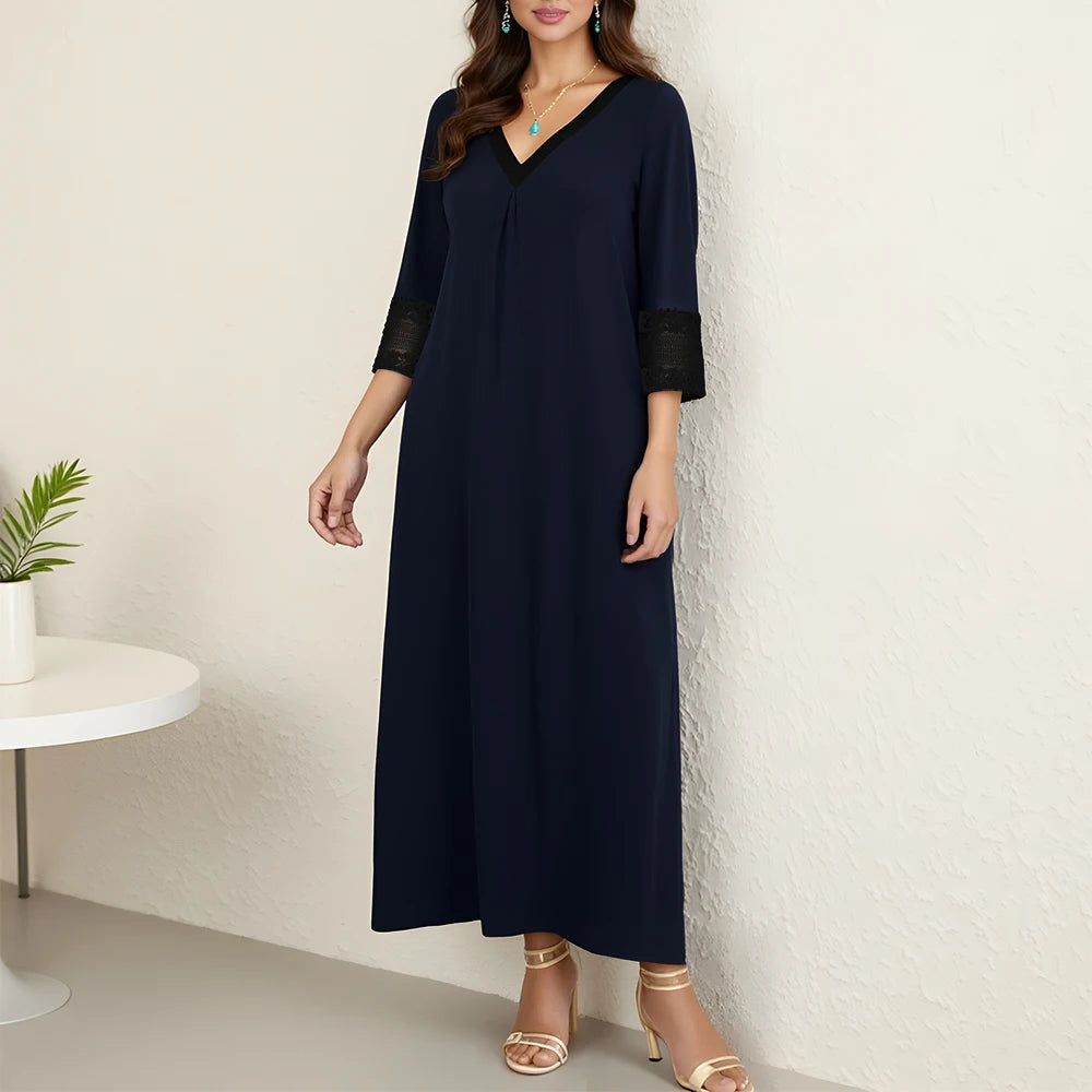 Rafiah Women's Summer Dress Simple Comfortable Plain Flare Sleeve V-Neck Mixi Shift Dresses Casual Arabian Dress