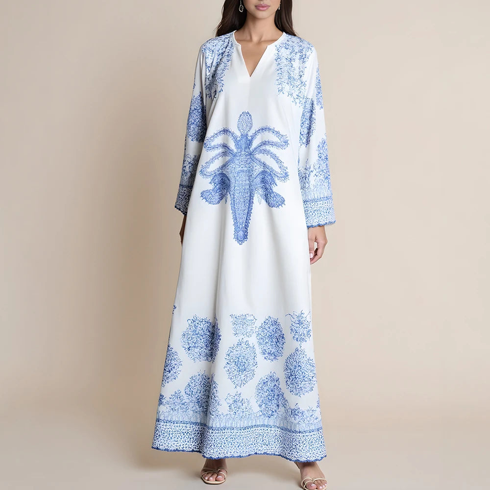 Rafiah Women's Dresses Summer Elegant Decent 2025 Floral Full Print Y2k Long Sleeve V-Neck Midi A Line Long Dresses