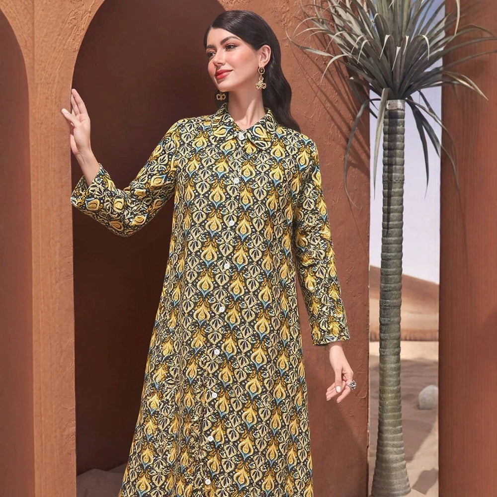 Rafiah Women's Summer Long Arabian Dress Traditional Cultural Full Print Long Sleeve V-Neck Midi A-Line Shift Dresses