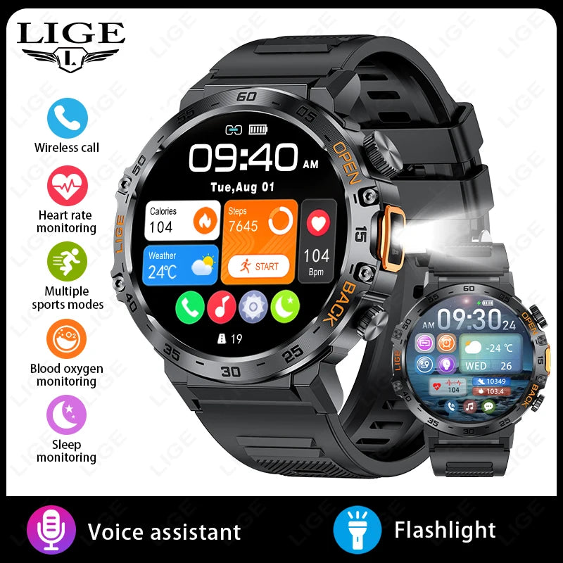 LIGE LED Flashlight Smart Watch Military Watches SOS Bluetooth Call Waterproof Health Monitor Sport Smartwatch For Android ios