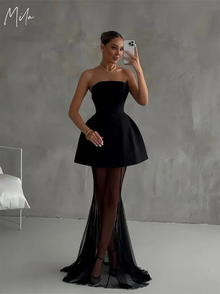 Mila Black  A-Line Customized Party Dresses Elegant Sleeveless Strapless Party Dresses 2025 Chic Floor-Length Evening Dresses