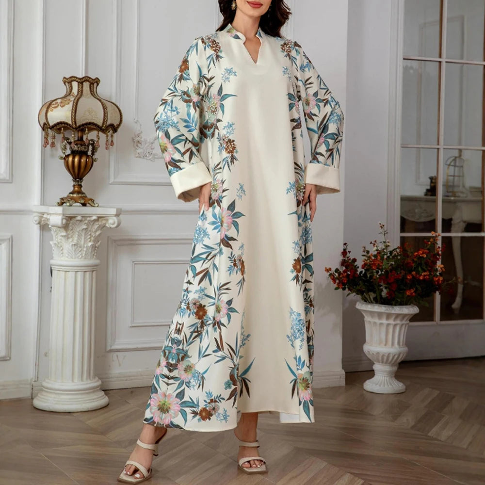 Rafiah Summer Dress 2025 Women's Arabian Elegant Botanical Print Rolled Long Sleeve Half Open Collar A-Line Midi Dress