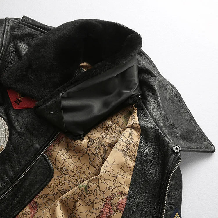 Top Gun Genuine Cowhide Leather Jacket with Wool Collar – Embroidered Unisex Motorcycle Coat