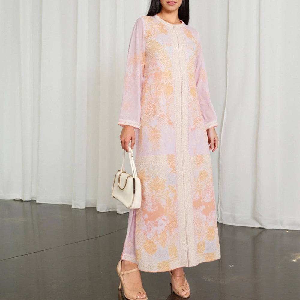 Rafiah Women's Dresses Summer Comfortable Elegant 2025 Floral Zipper Long Sleeve Round Neck A-Line Midi VacationLong Dress