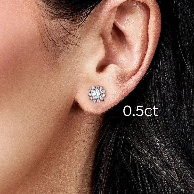 GRA Moissanite Diamond Unusual Halo Sun Flower Stud Earrings for Women 925 Sterling Silver Solitaire Wedding Party Fine Jewelry