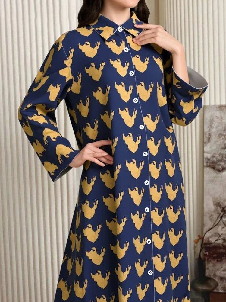 Rafiah Women's Dresses Summer Comfortable 2025 Full Print Button Long Sleeve Shirt Collar A-Line Midi Vacation Long Dresses