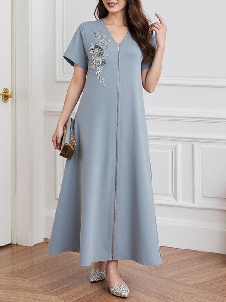 Rafiah Women's Dresses Summer Casual Basics Floral Appliques Zipper Short Sleeve V-Neck Midi Long Dress Shift Daily Dresses