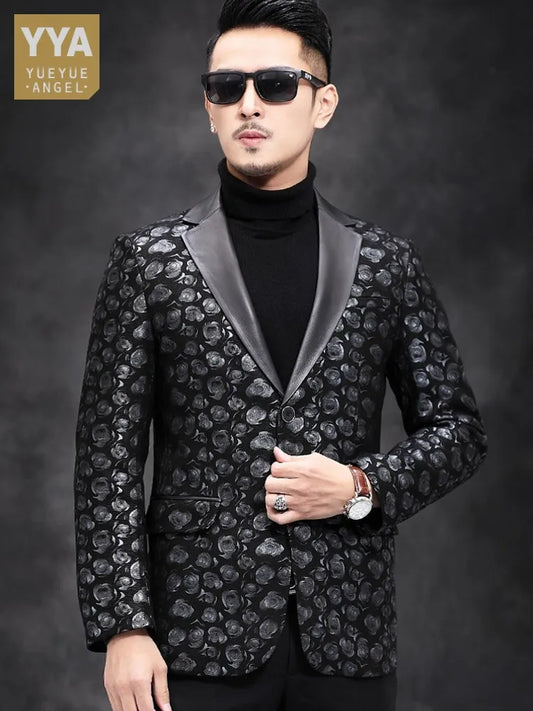 New Designer Business Men Work Floral Printed Blazer Suit Coat Autumn Slim Fit Single Breasted Sheepskin Genuine Leather Jacket