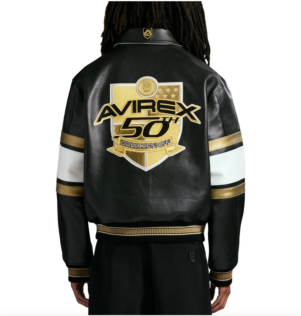 AVIREX Spring 2025 New Release Limited Edition European Sheepskin Jacket Gold Badge Embroidered 50TH ANNIVERSARY  Leather  coat