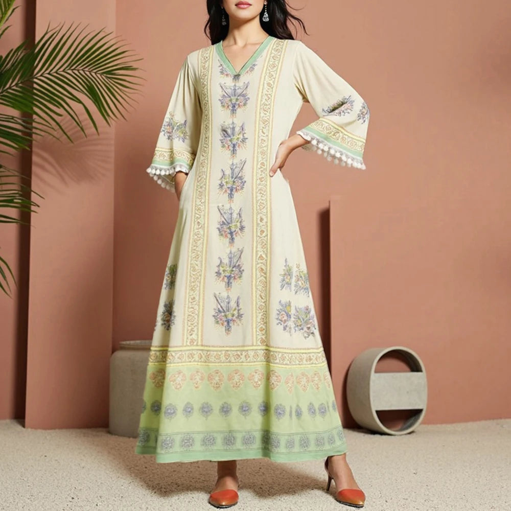 Rafiah Women's Summer Arabian Dress 2025 Classic Sophisticated Tassel Long Sleeve V-Neck Maxi Casual Shift Dresses