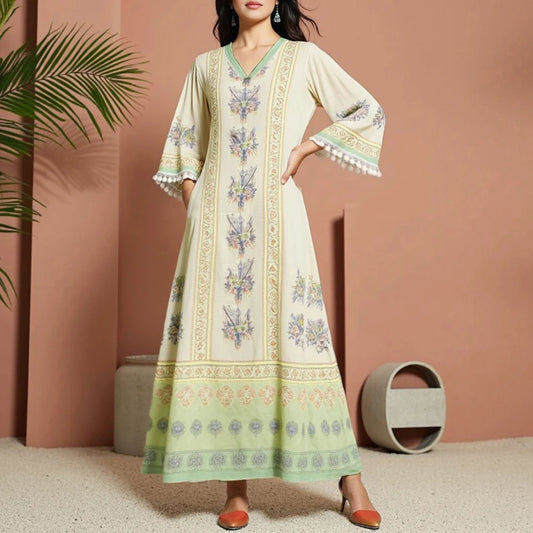 Rafiah Women's Summer Arabian Dress 2025 Classic Sophisticated Tassel Long Sleeve V-Neck Maxi Casual Shift Dresses
