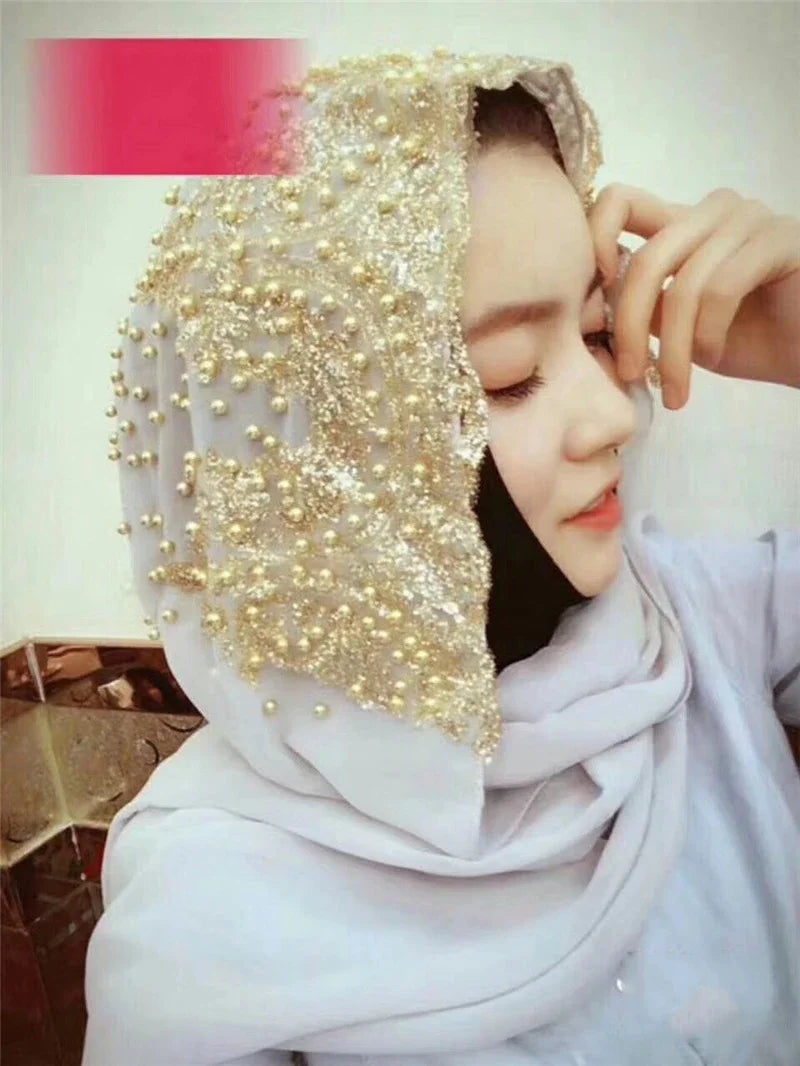 Dubai Women Bling Beaded Headscarf Long Scarf Cap Lace Scarves Muslim Wedding Wrap Shawls Hijab Islamic Turban