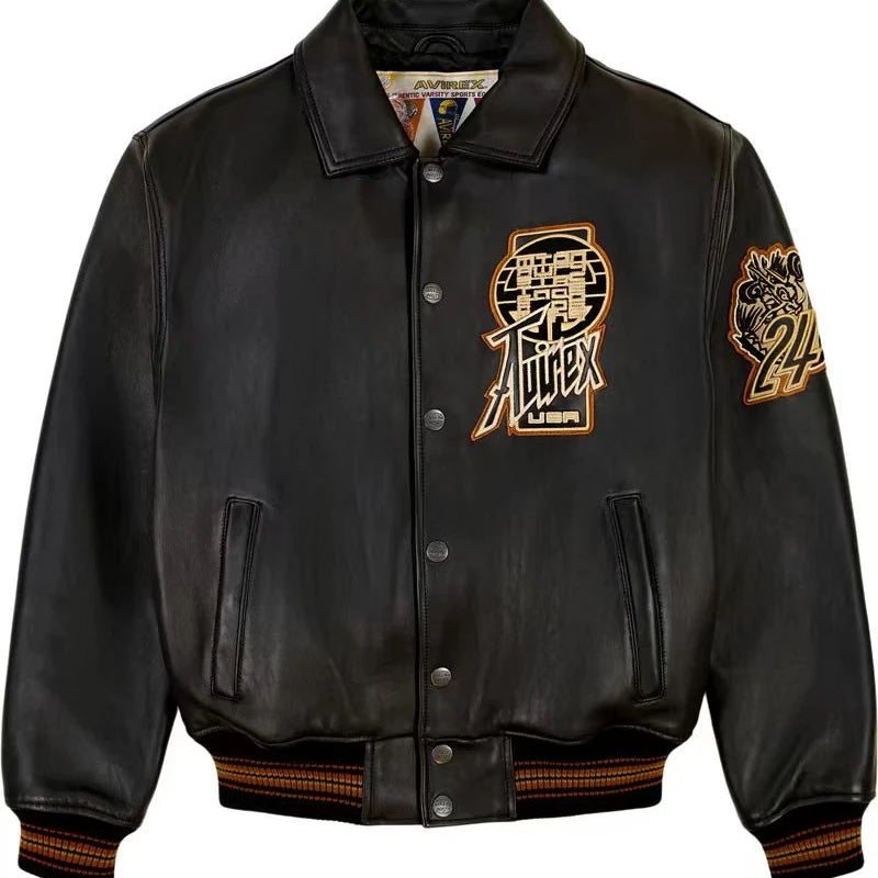 AVIREX High Quality Genuine Sheepskin Coat Men's US Size Classic Varsity Jacket Natural Leather Flight Suit Lapel Outerwear