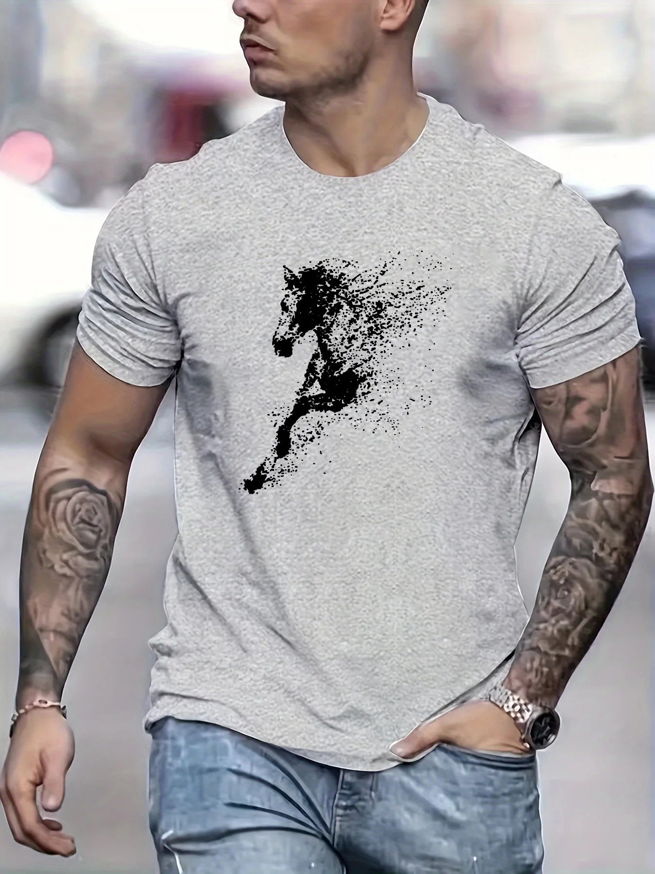 Men's Summer 100% Cotton Fashionable Casual Loose Large Black Horse Pattern Printed Round Neck Short Sleeve T-shirt Top