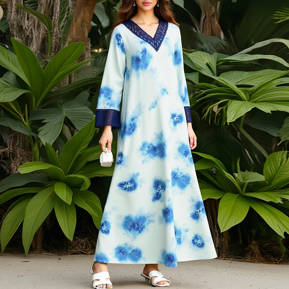 Rafiah Summer Long Dress 2025 Arabian Dress Fashion Contrast Color Lace Long Sleeve V-Neck Midi A-Line Casual Dresses For Women