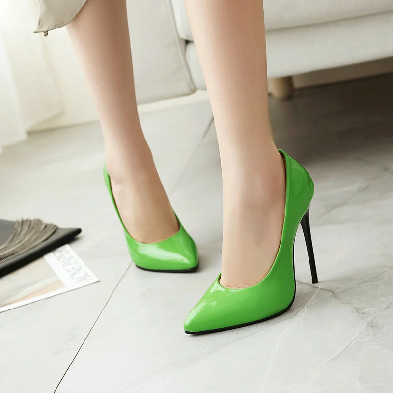 Women’s Pumps Classic Sexy Thin High Heels 12cm Patent Leather Stiletto Pointed Toe Party Elegant Office Shoes Big Size 34-48