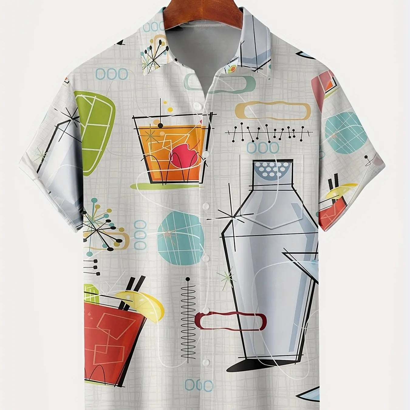 Men'S Vintage 60s Geometric Atomic Cocktail Shirt with Button Pocket,Polyester 100%, Regular Fit, Woven Fabric Slight Stretch