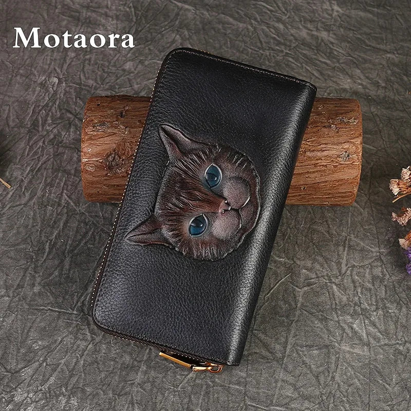 MOTAORA Genuine Cowhide Leather Women's Long Wallet with Retro Cat Print, Multi Card Slots, ID/Credit Card Holder Cash Organizer