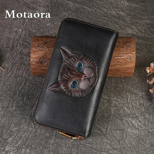 MOTAORA Genuine Cowhide Leather Women's Long Wallet with Retro Cat Print, Multi Card Slots, ID/Credit Card Holder Cash Organizer