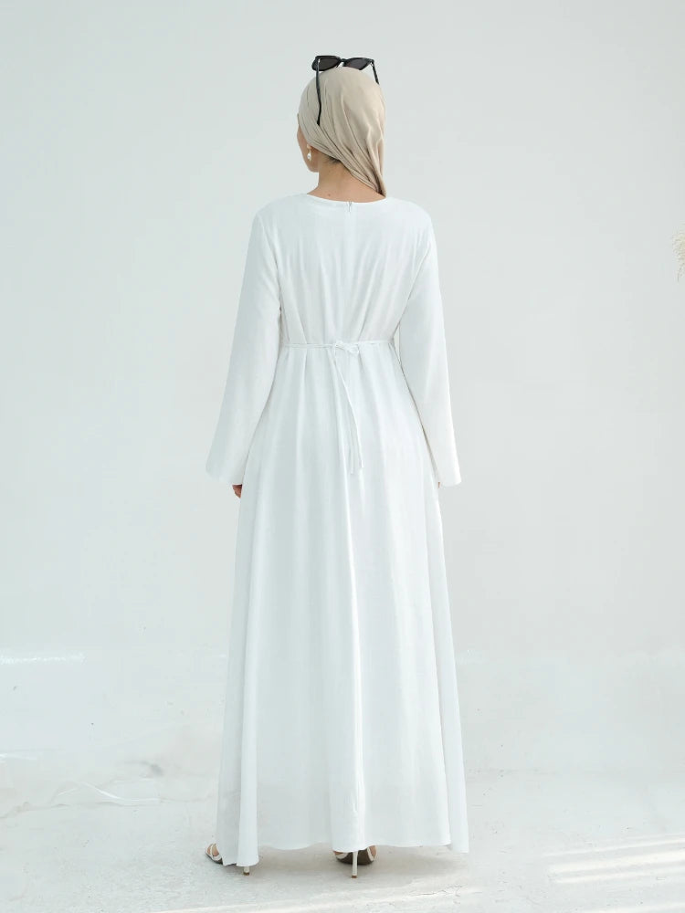 2025 Linen Pink Abaya Eid Ramadan Modest Maxi Dress Solid Color Robe Arabe Elegant Women Muslim Dresses Caftan Marocain Femme