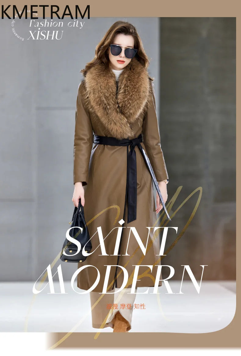 100% Sheepskin Puffer Jacket Women High Quality Long Down Coats Winter Raccoon Fur Collar Coat Womans Clothing Leren Donsjas
