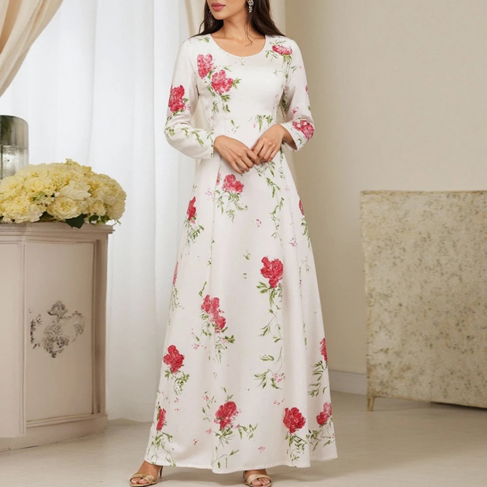 Rafiah Women's Arabian Dress Autumn Winter 2025 Elegant Fashion Floral Full Print Long Sleeve V-Neck Arabian Dress For Women