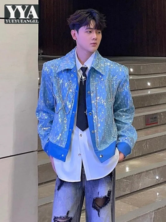 Mens Blue Denim Jacket Fashion Sequined Chain Turn-Down Collar Spring Autumn Short Coat Single Breasted Casual Outerwear Male