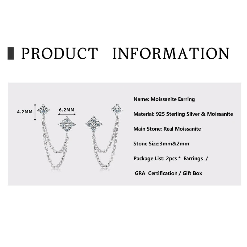 Lnngy 925 Sterling Silver Double Studs Chain Tassel Earrings GRA Certified 3mm&2mm Flower Moissanite Drop Earring For Women Gift