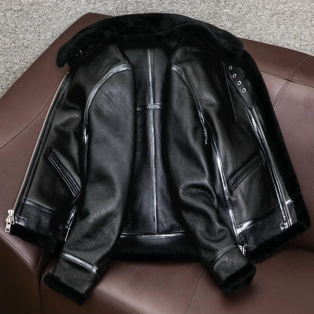 2023 New Genuine Sheepskin Leather Jacket Mens Plus Size Real Thick Sheepskin Natural Warm Coat