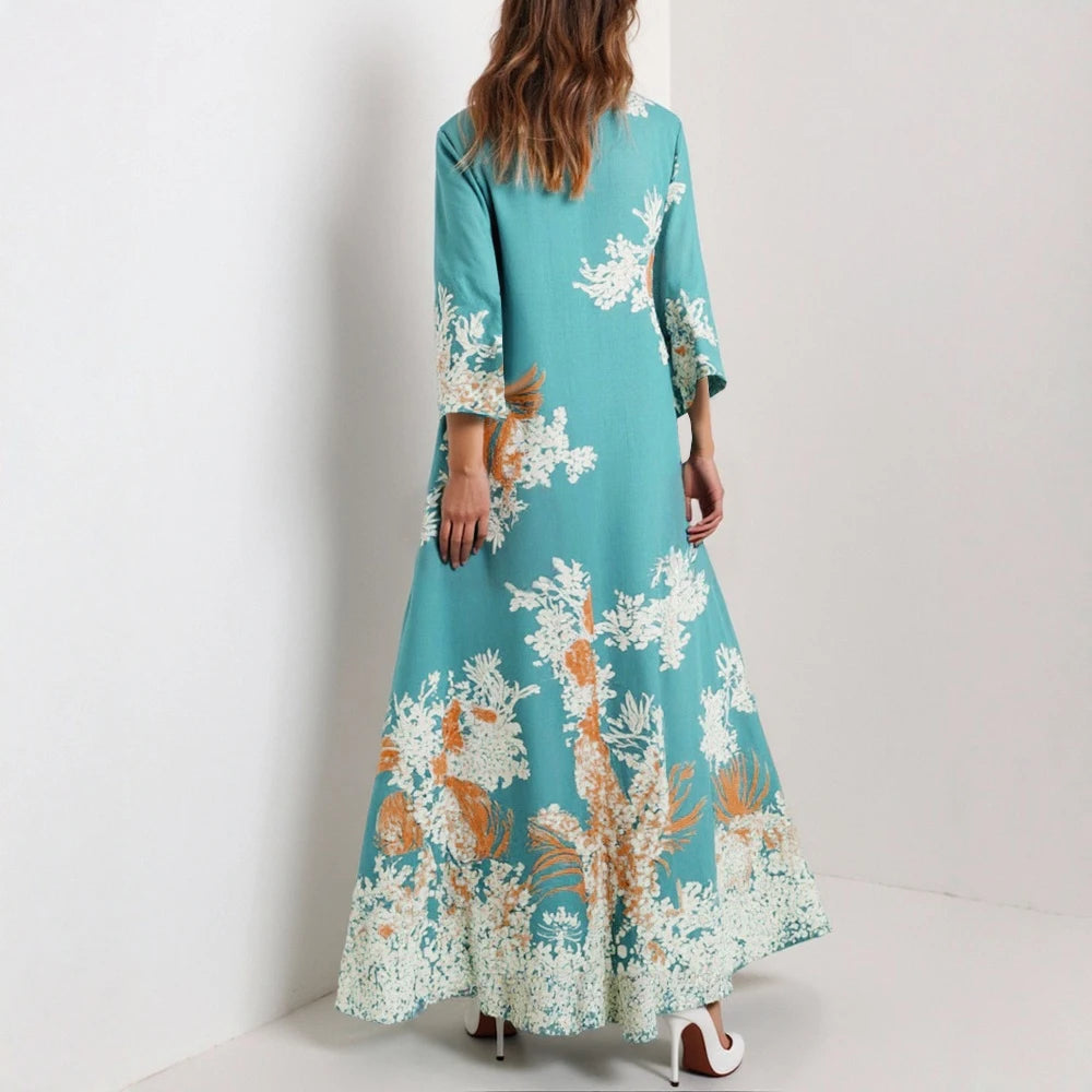 Rafiah Women's Dresses Summer Elegant 2025 Floral Opulent Long Sleeve V-Neck A-Line Midi Vacation Long Dresses