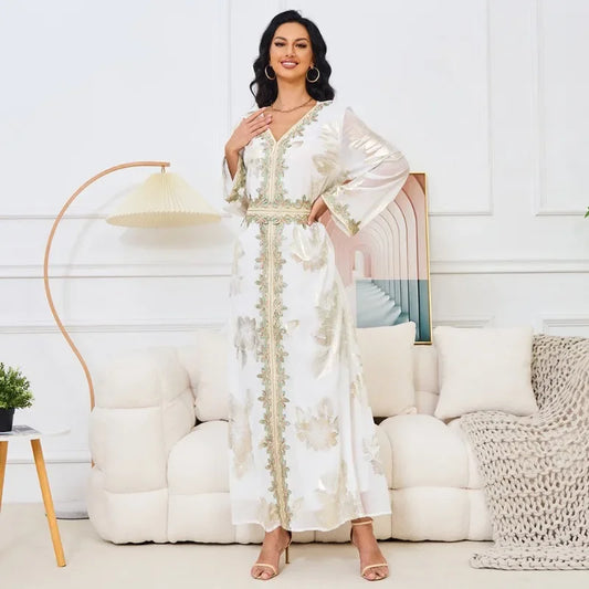 KAF Fashion Women Dress 2025 Spring New V-neck Long-sleeved Printing Hot Stamping Design Loose Large Size Female Party Dresses