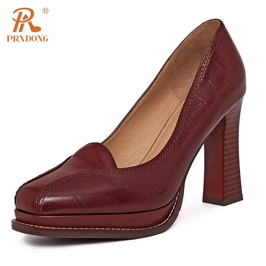Women’s Genuine Leather Retro Platform High Heels – Black & Brown