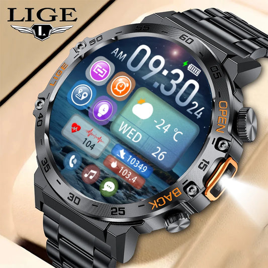 LIGE LED Flashlight Smart Watch Military Watches SOS Bluetooth Call Waterproof Health Monitor Sport Smartwatch For Android ios