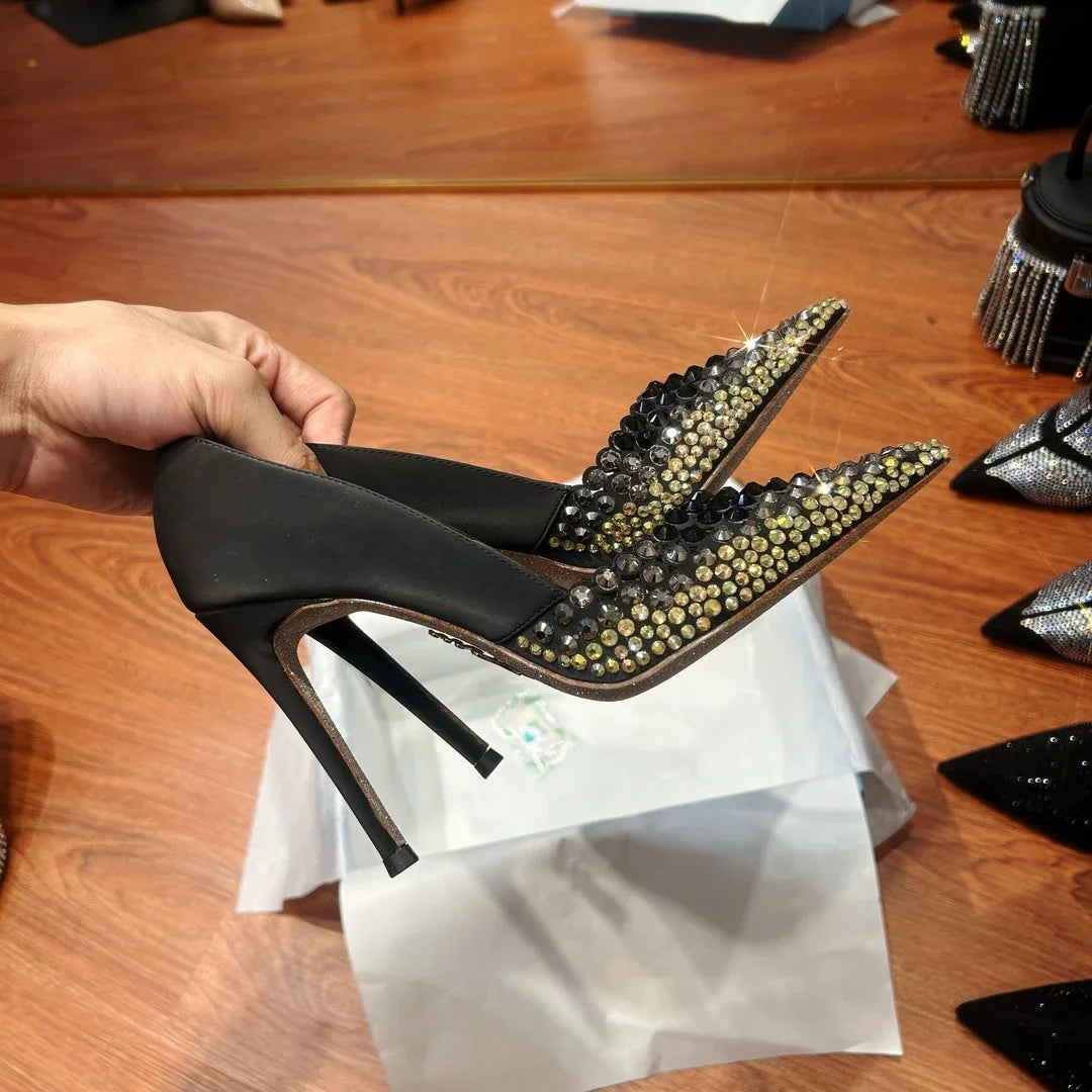 Black Rhinestone High Heels Women's New Summer Style  Socialite Small Stature Thin Heels  Pointed And Sexy Women's Shoes