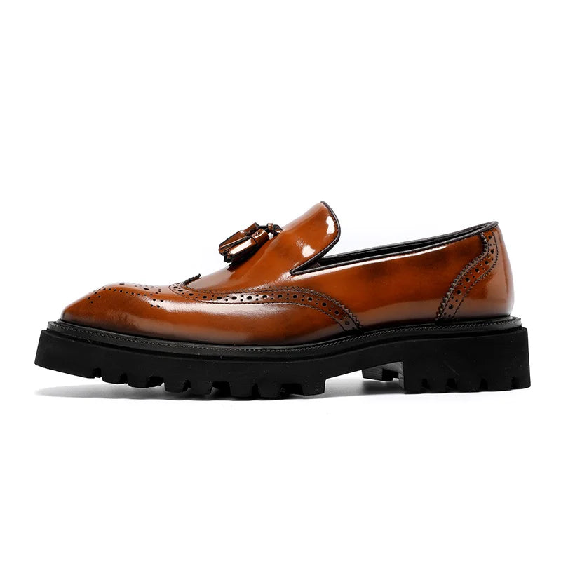 Mens Genuine Leather Loafers Summer Slip On Breathable Thick Sole Brogue Tassel Casual Dress Shoes