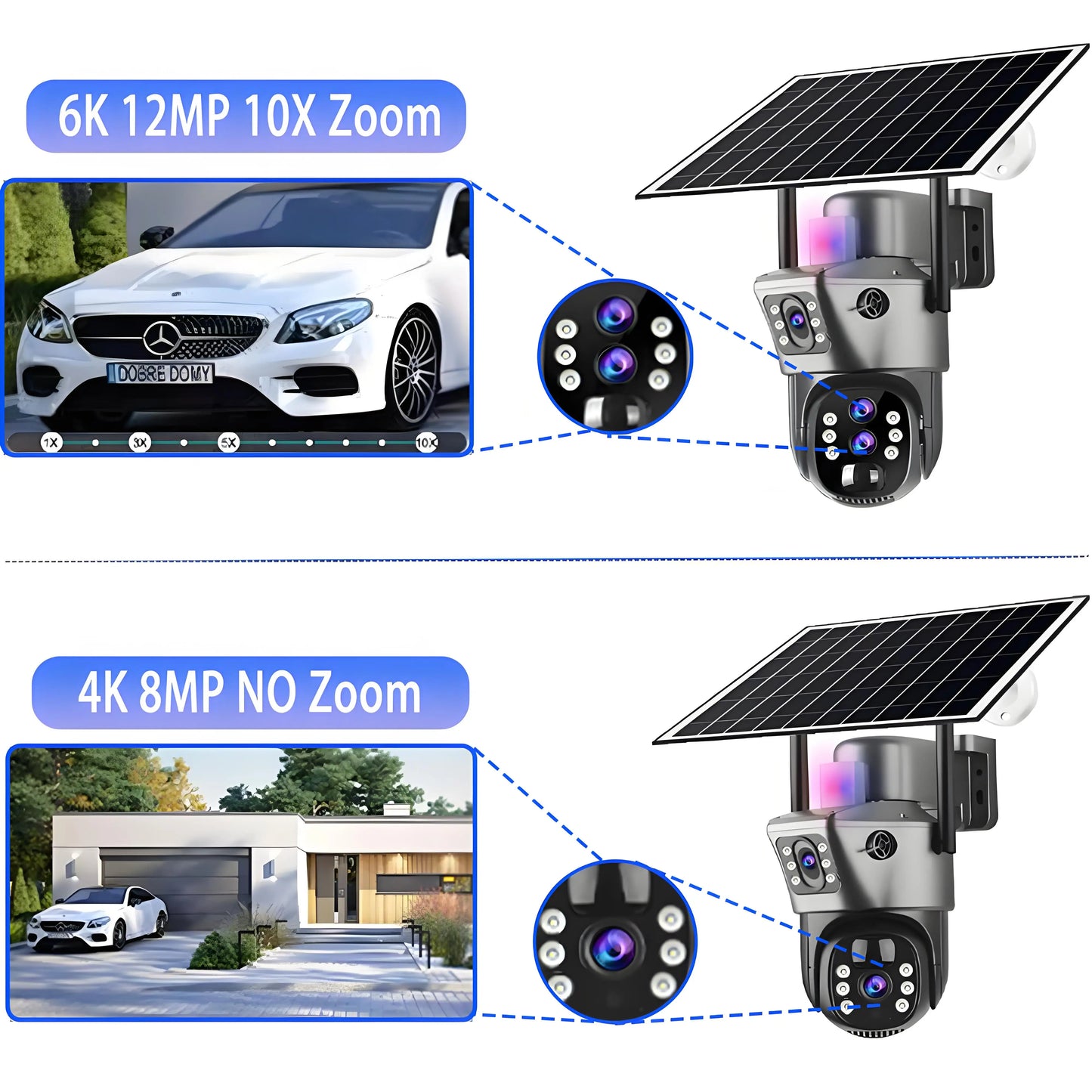 Solar Outdoor Surveillance Camera 4G Sim 6K 12MP Three Lens 10 Digital Zoom Wireless Cctv PTZ IP66 Security Solar Panel Cameras