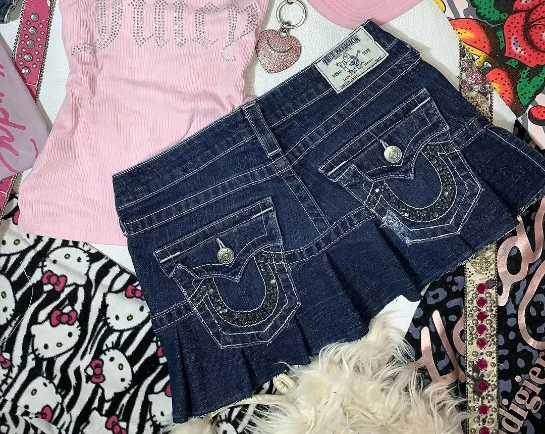 Gothic High Waisted Retro Y2k Skirt Letter Embroidery Patchwork Zipper Denim Pleated Mini Skirt Harajuku Womens Short Skirts