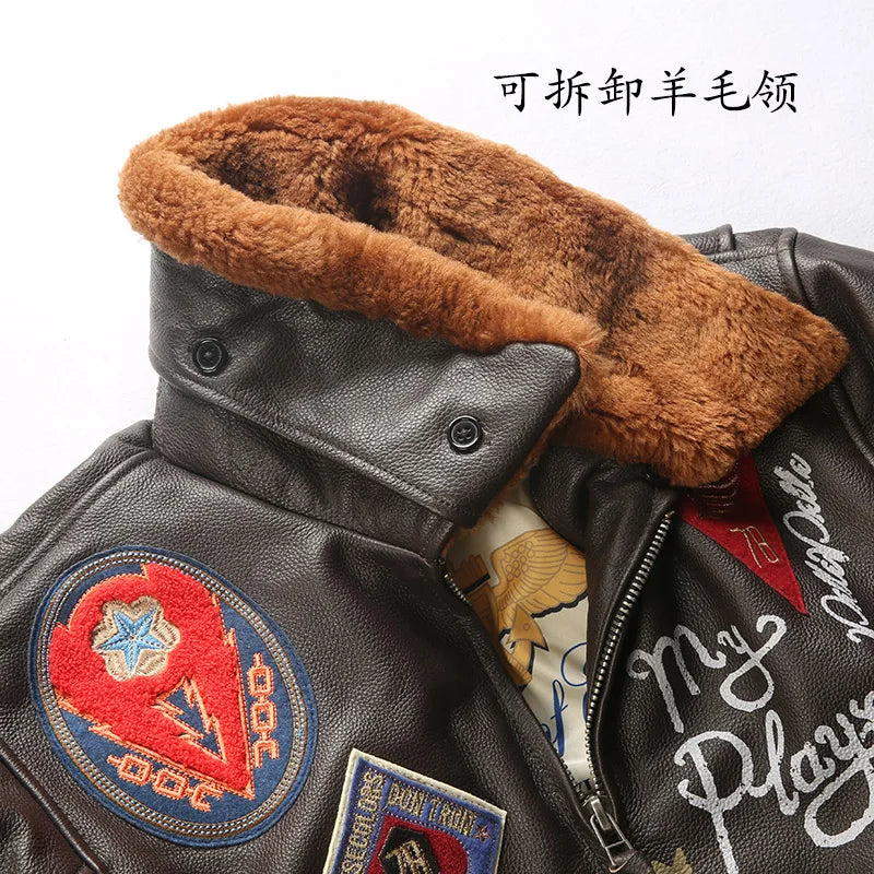 Super Fast Shipping G1 Pilot Jacket Men Removable Hair Collar Genuine Cowhide Vintage Embroidered Label Casual Leather coat TOP