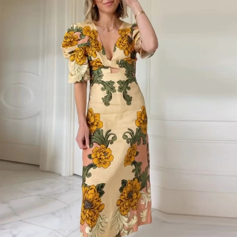 Summer V Neck Short Sleeve A-line Flower Printed Long Dress Women Beach Holiday Vestidos Boho Vintage Dresses Woman