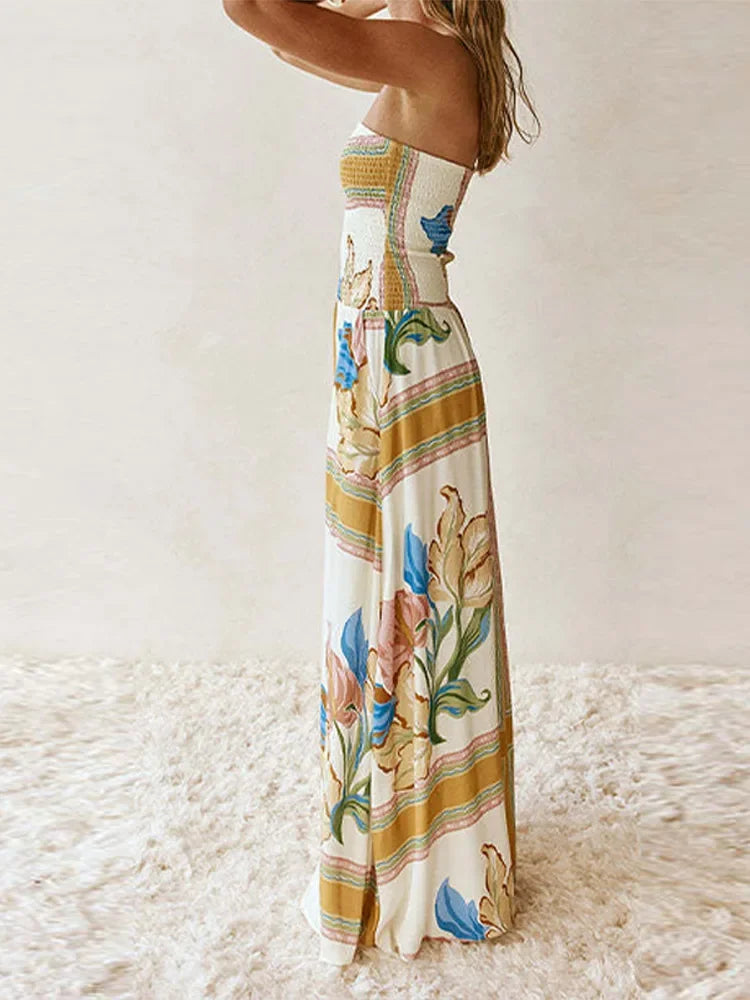 Strapless Floor Dress – Elastic High Waist Pleated -Summer  Edition