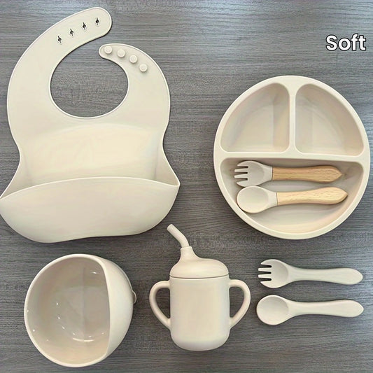 Silicone Baby Feeding Set Microwave Oven Safe for 0-3 Years Includes Suction Plate Soft Bowl Spoons Forks Bib Snack Cup