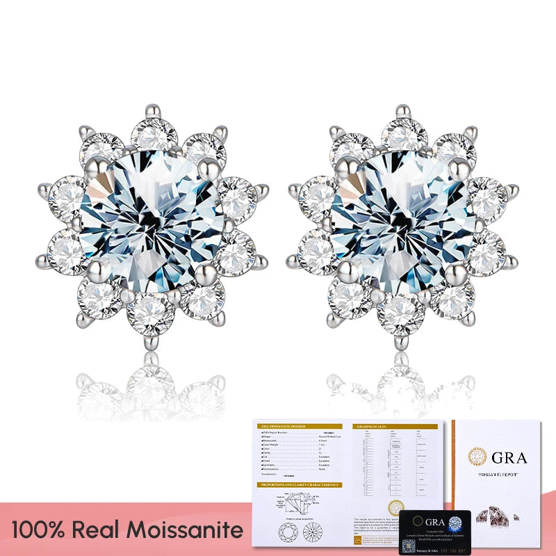 GRA Moissanite Diamond Unusual Halo Sun Flower Stud Earrings for Women 925 Sterling Silver Solitaire Wedding Party Fine Jewelry