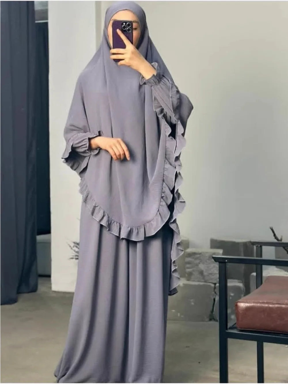 Ramadan Long Khimar with Dress Hijab Eid Muslim Headcarf Women Jilbab 2 Piece Set Jubha Islamic Hijabs Musulman Prayer Garment