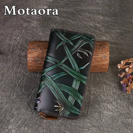 MOTAORA Women's Wallet 2025 New Vintage Handmade Embossed Genuine Leather Card Wallets Holder For Women Cowhide Long Purses Bag