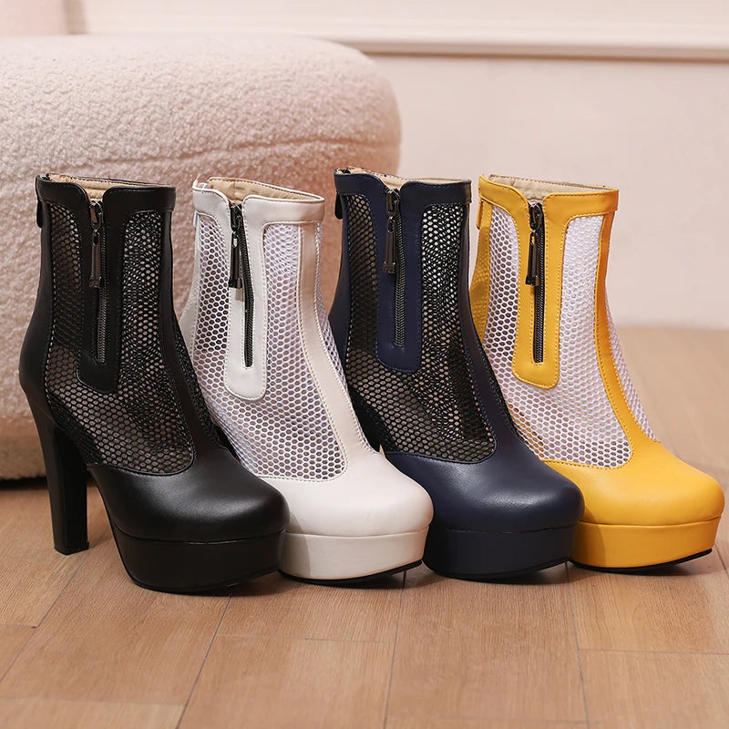 Women’s Summer Ankle Boots – Handmade Mesh + PU Leather – Closed Toe – Platform High Heel – Zip Up – Sizes 4.5–18