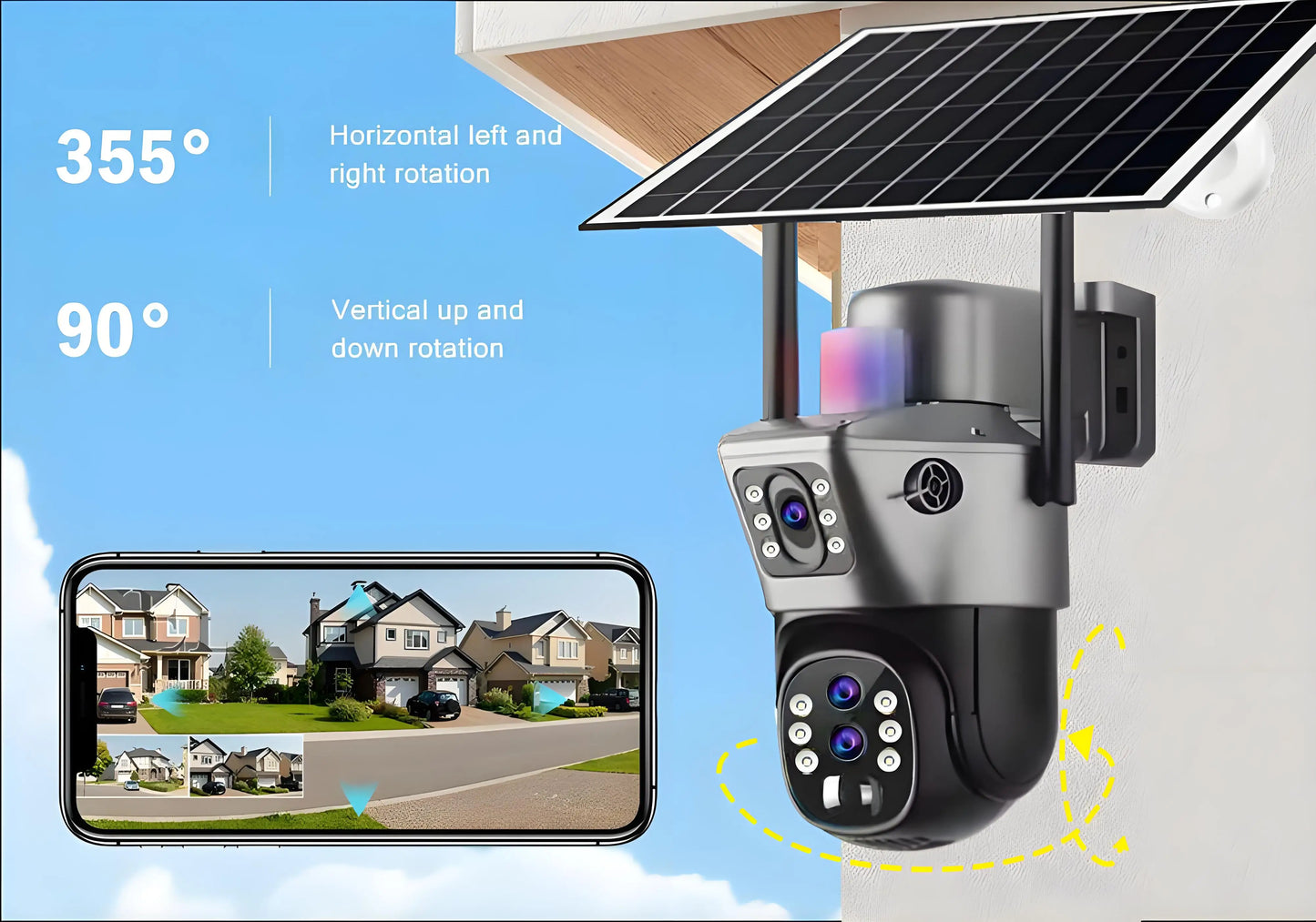 Solar Outdoor Surveillance Camera 4G Sim 6K 12MP Three Lens 10 Digital Zoom Wireless Cctv PTZ IP66 Security Solar Panel Cameras