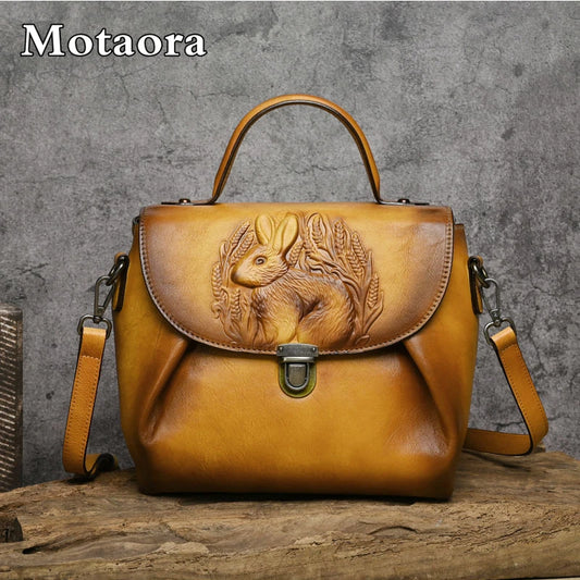 MOTAORA Vintage Handbags For Women Genuine Leather Shoulder Bags 2025 Woman Bag Rabbit Embossed Handmade Luxury Designer Handbag