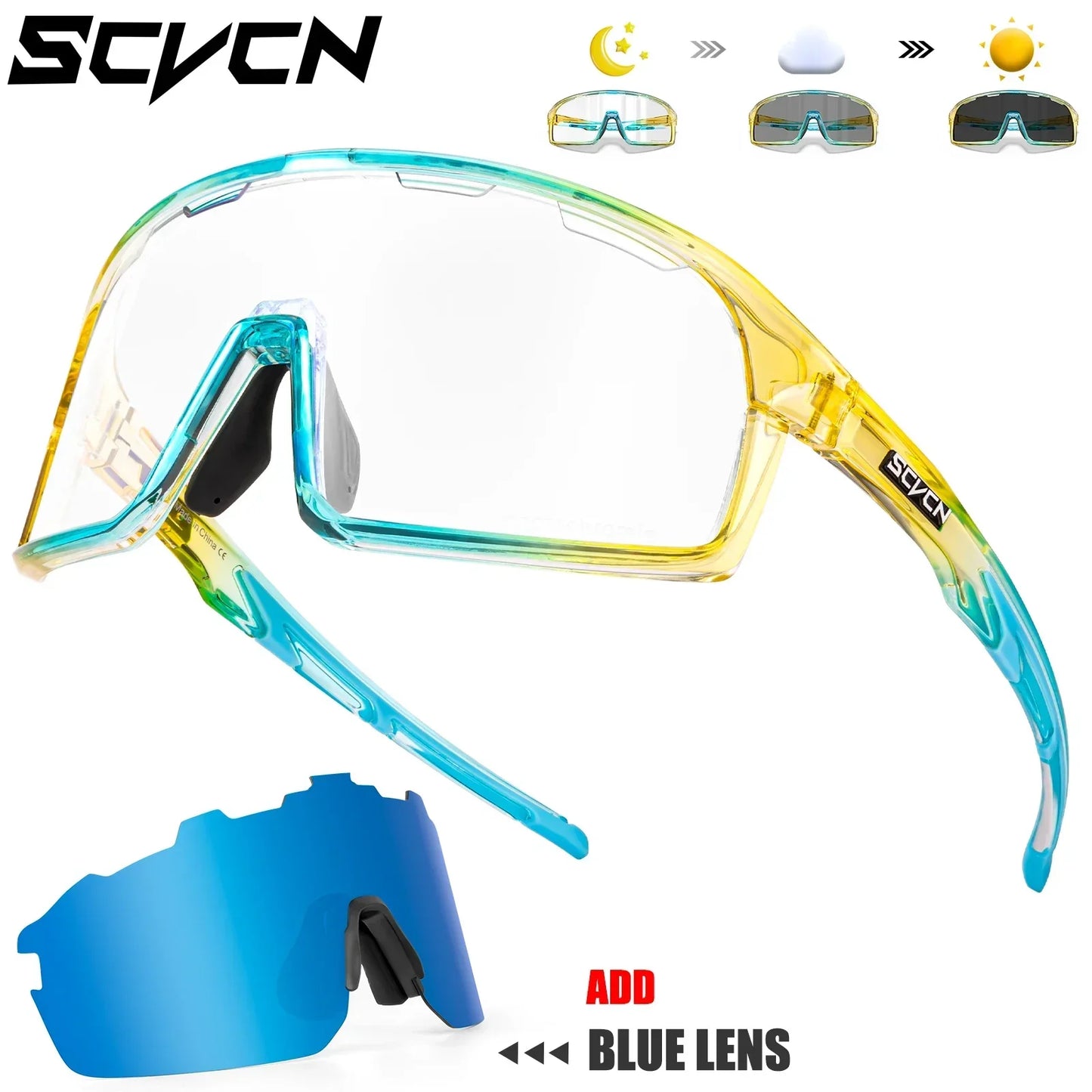 SCVCN Photochromic Cycling Sunglasses for Man Blue Outdoor Sports Bike Glasses MTB Fishing Glasses Bicycle Goggles UV400 2lens
