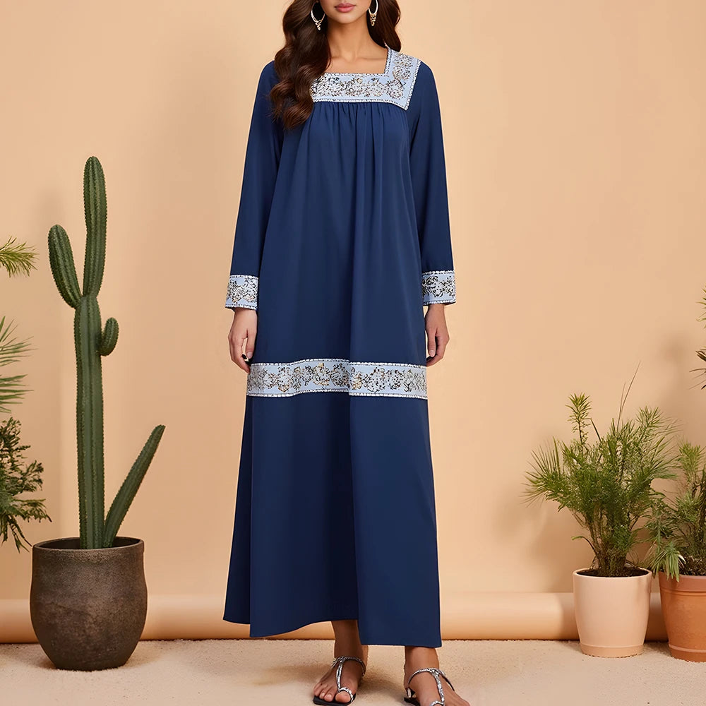 Rafiah Summer Long Arabian Dress 2025 Casual Daily Contrast Color Long Sleeve Square Neck Midi Loose Fit Dresses